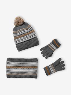 Garçon-Accessoires-Bonnet, écharpe, gants-Ensemble garçon bonnet + snood + gants en maille jacquard