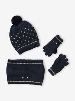 Mädchen-Accessoires-Mütze, Schal, Handschuhe-Mädchen Strick-Set: Mütze, Rundschal & Handschuhe, Herzen