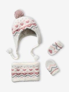 Bébé-Accessoires-Ensemble en maille jacquard bonnet + snood + moufles bébé fille