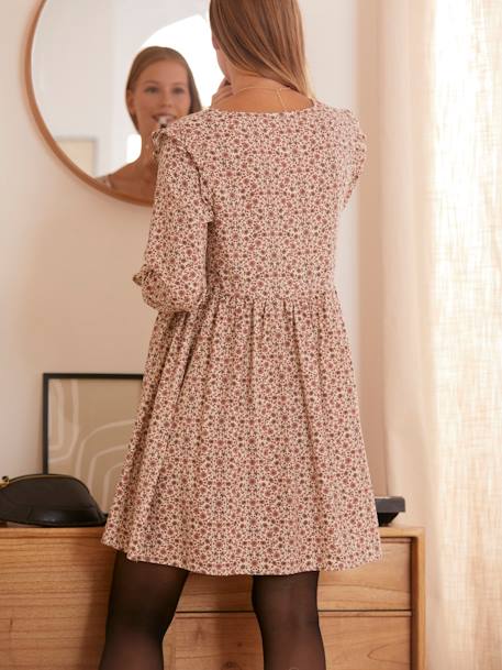 Robe de grossesse imprimée et volantée Beige fleuri+Gris imprimé 