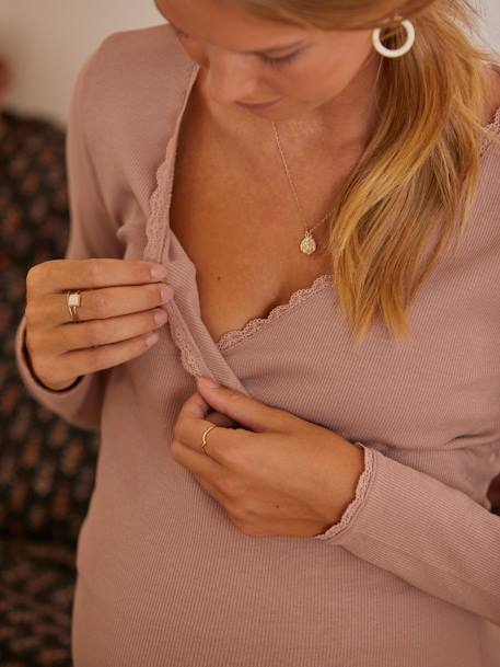 Tee-shirt col V croisé grossesse et allaitement anthracite+rose 