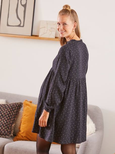 Bedrucktes Kleid für Schwangerschaft & Stillzeit, Musselin grau+schwarz punkte 