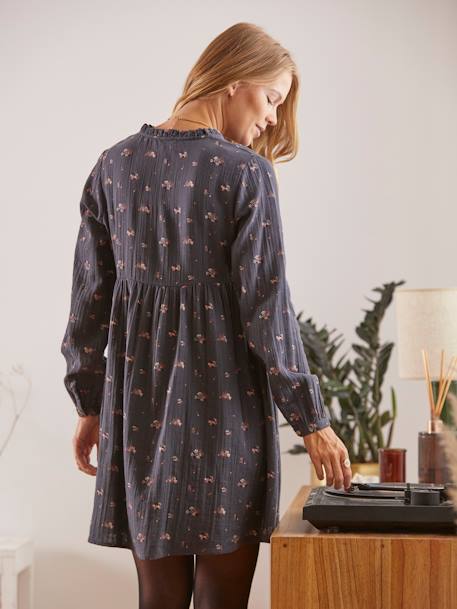 Robe imprimée gaze de coton grossesse et allaitement Gris avec motif+Noir à pois 