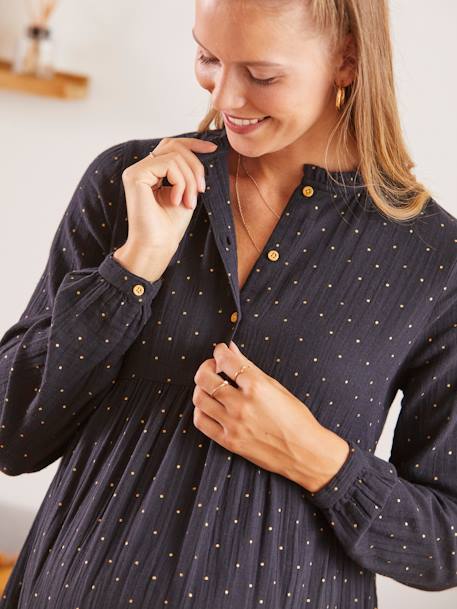 Bedrucktes Kleid für Schwangerschaft & Stillzeit, Musselin grau+schwarz punkte 
