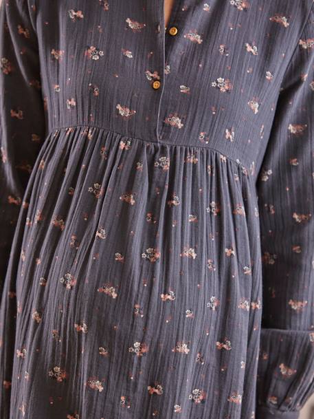 Bedrucktes Kleid für Schwangerschaft & Stillzeit, Musselin DUNKELGRÜN+grau+schwarz punkte 