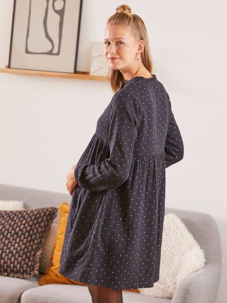 Bedrucktes Kleid für Schwangerschaft & Stillzeit, Musselin grau+schwarz punkte 