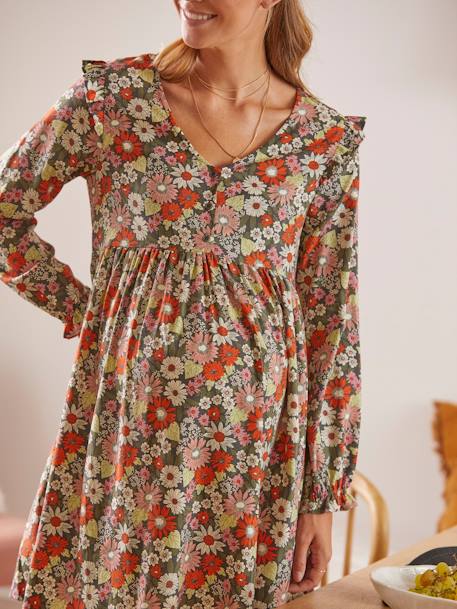 Robe de grossesse imprimée et volantée Beige fleuri+Gris imprimé 