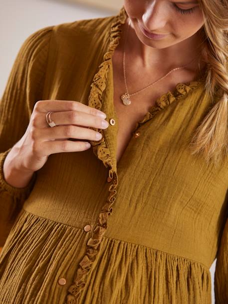 Blouse gaze de coton de grossesse et d'allaitement KAKI+noir 