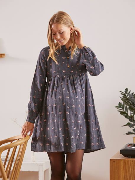 Bedrucktes Kleid für Schwangerschaft & Stillzeit, Musselin grau+schwarz punkte 