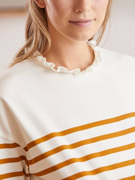 T-shirt col volanté de grossesse et d'allaitement beige+Camel rayé 