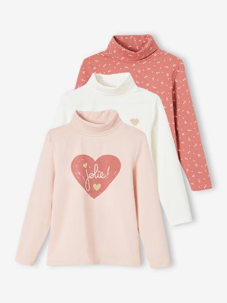 Lot de 3 T-shirts col roulé Basics fille anthracite+beige poudré+lot rose poudré+vert de gris 