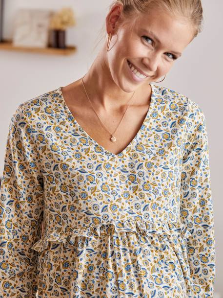 Blouse imprimée volantée grossesse et allaitement Ecru 