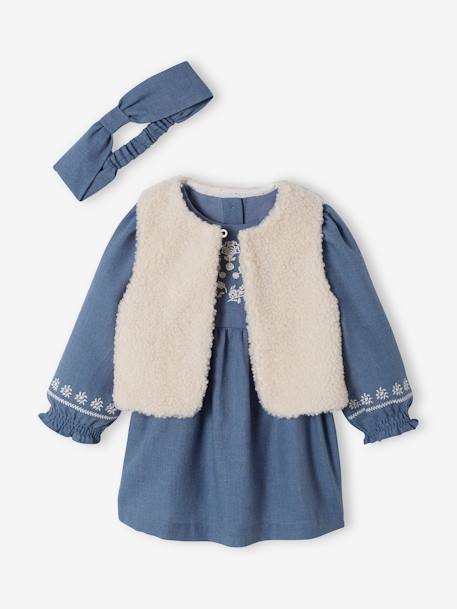 Mädchen Baby-Set: Kleid, Weste & Haarband blaugrau 