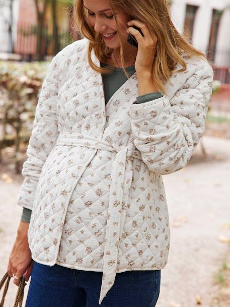 Steppjacke für Schwangerschaft und Stillzeit, Kimono-Style mit Recycling-Wattierung rosa bedruckt 
