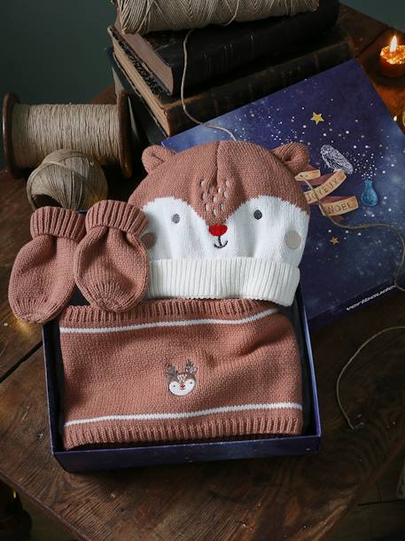 Ensemble bonnet + snood + moufles renne de Noël bébé cannelle 