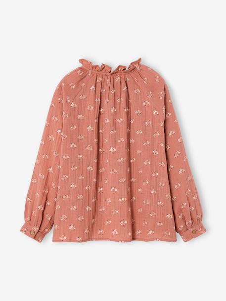 Chemise à volants en gaze de coton fille personnalisable écru+rose pâle+tomette+vert d'eau 