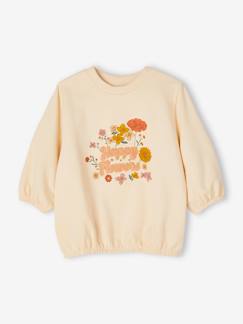 Fille-Pull, gilet, sweat-Sweat-Sweat motifs fleurs anim irisée et bouclettes fille manches 3/4