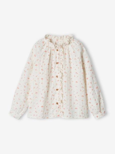 Chemise à volants en gaze de coton fille personnalisable écru+rose pâle+tomette+vert d'eau 