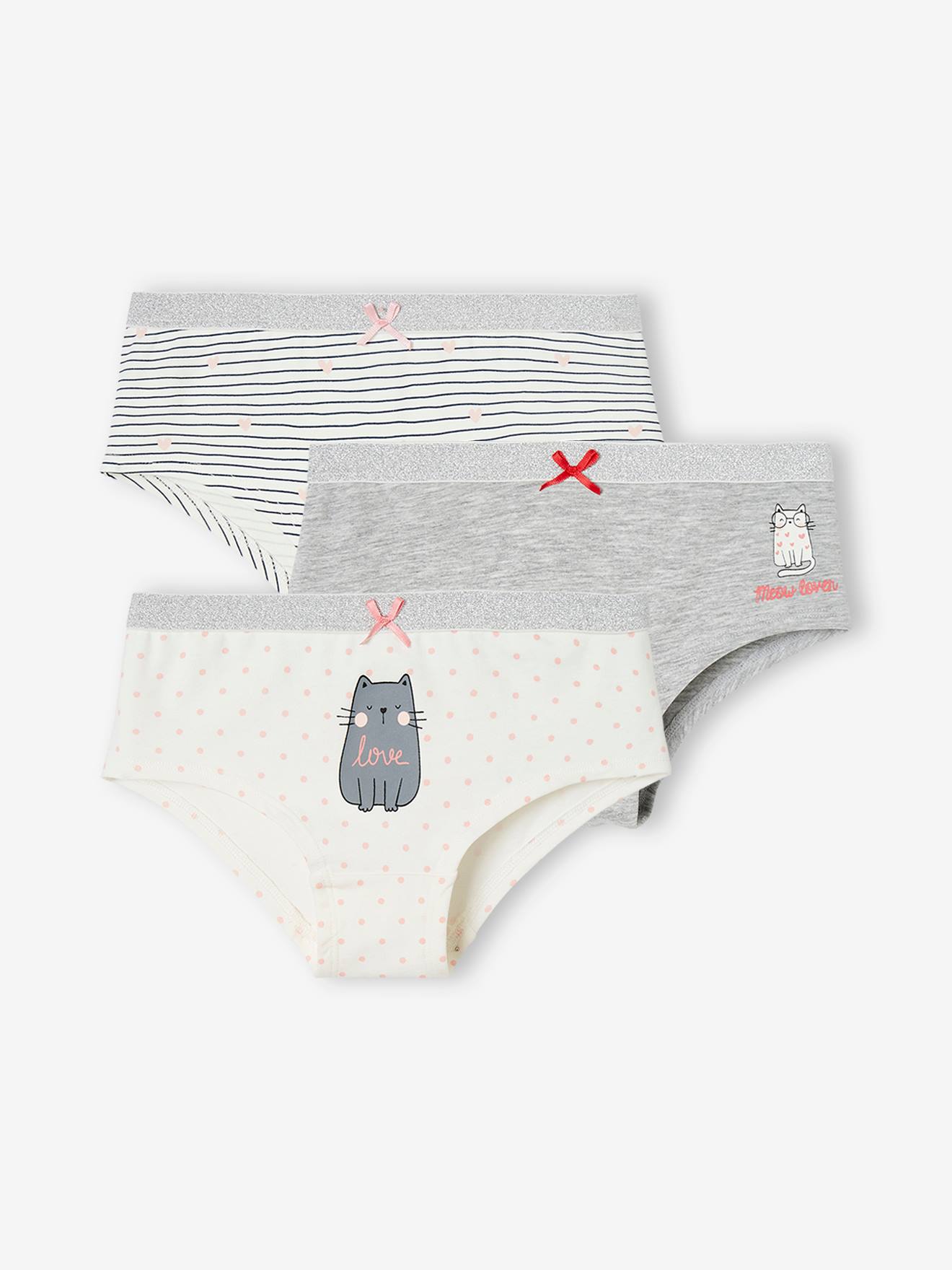 Lot 3 Shorties Fille Vertbaudet - Imprimé Chats Et Coeurs - 95% Coton - Taille 2A Gris Chiné