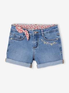 Short en jean brodé fleurs fille noeud imprimé fleurs