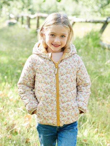 Wendbare Mädchen Light-Steppjacke, Kapuze anthrazit bedruckt+hellbeige bedruckt+nachtblau+rosa bedruckt 