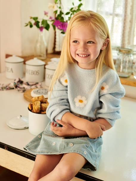 Pull jacquard duveteux fille bleu ciel+rose 