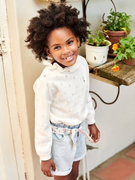 Pull fantaisie maille pointelle fille écru+lilas 