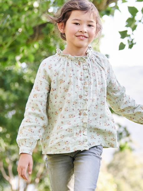 Chemise à volants en gaze de coton fille personnalisable écru+rose pâle+tomette+vert d'eau 