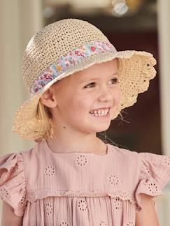 Fille-Accessoires- Chapeau, casquette-Chapeau aspect paille effet crochet avec ruban imprimé fille