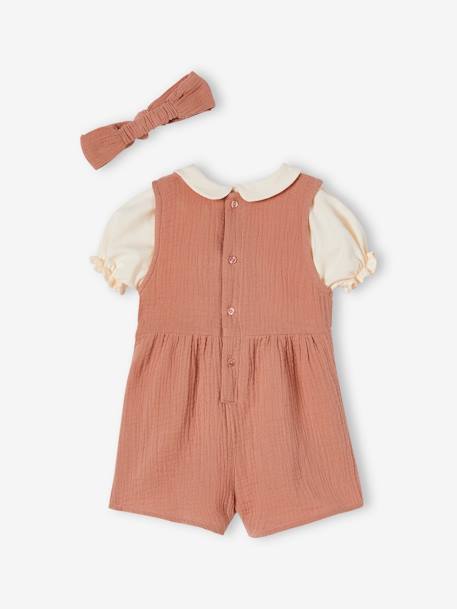 Mädchen Baby-Set: T-Shirt, Kurzoverall & Haarband altrosa+salbeigrün 