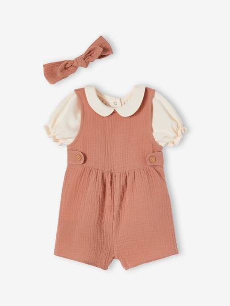 Mädchen Baby-Set: T-Shirt, Kurzoverall & Haarband altrosa+salbeigrün 