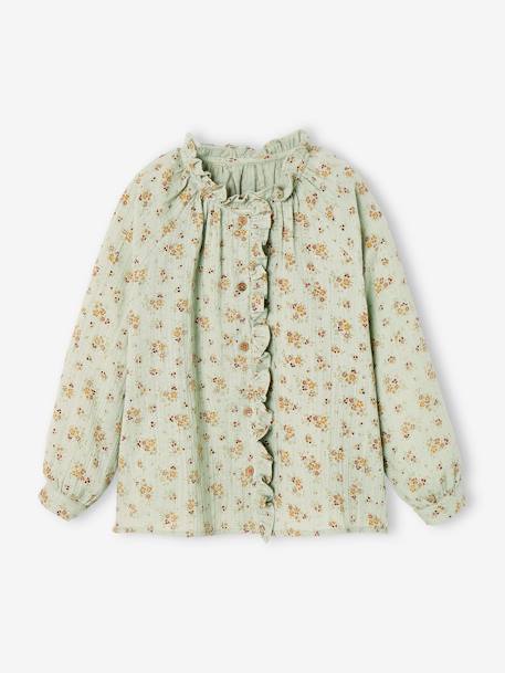 Chemise à volants en gaze de coton fille personnalisable écru+rose pâle+tomette+vert d'eau 