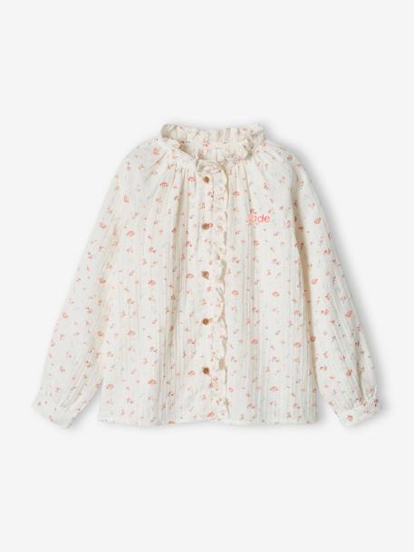 Chemise à volants en gaze de coton fille personnalisable écru+rose pâle+tomette+vert d'eau 