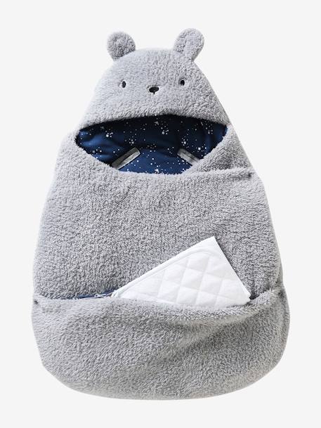 Nid d'ange transformable en peluche Ourson beige+écru+gris souris+kaki+rose imprimé 