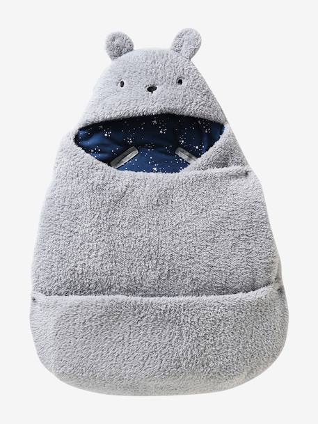 Nid d'ange transformable en peluche Ourson beige+écru+gris souris+kaki+rose imprimé 