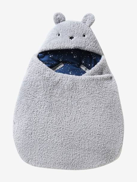 Nid d'ange transformable en peluche Ourson beige+écru+gris souris+kaki+rose imprimé 