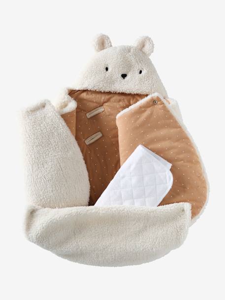 Nid d'ange transformable en peluche Ourson beige+écru+gris souris+kaki+rose imprimé 