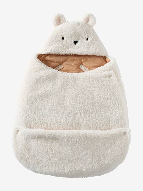 Nid d'ange transformable en peluche Ourson beige+écru+gris souris+kaki+rose imprimé 