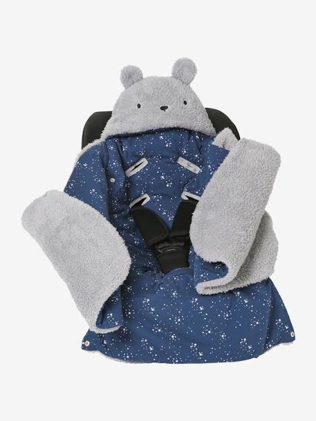 Nid d'ange transformable en peluche Ourson beige+écru+gris souris+kaki+rose imprimé 