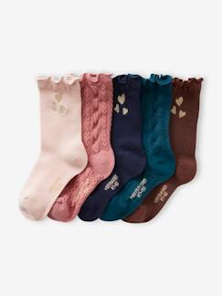 Fille-Sous-vêtement-Lot de 5 paires de chaussettes coeurs en maille torsadée et côtelée fille