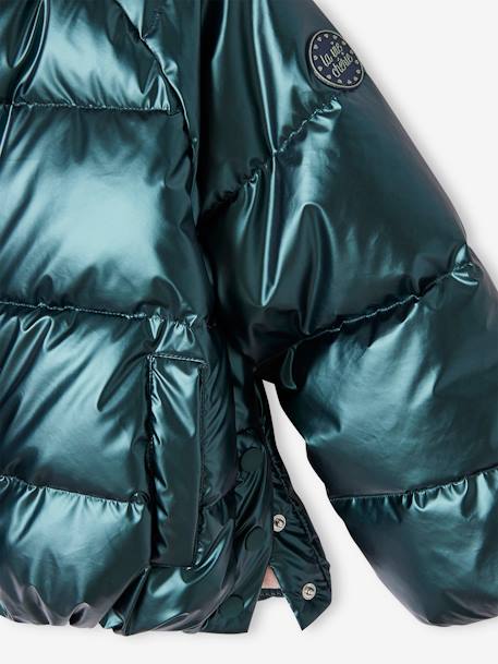 Mädchen Kapuzen-Steppjacke in Perlmutt-Optik, Wattierung Recycling-Polyester ecru+tannengrün 