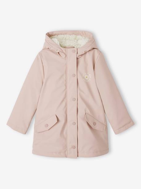 Mädchen Regenjacke mit Kapuze & Teddyfleece-Futter marine+safrangrün+zartrosa 