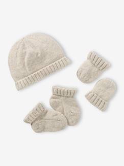 Bébé-Accessoires-Ensemble naissance en tricot bonnet + moufles + chaussons