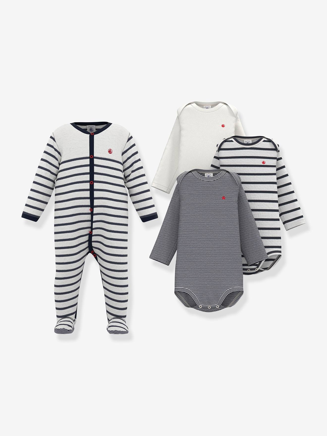 Lot de 1 pyjama bébé et 3 bodies rayures PETIT BATEAU - blanc imprimé, Bébé