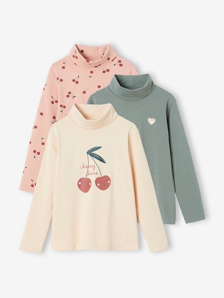 Lot de 3 T-shirts col roulé Basics fille anthracite+beige poudré+lot rose poudré+vert de gris 