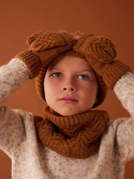 Ensemble bonnet + snood + moufles/mitaines en maille torsadée garçon ocre+vert sapin 