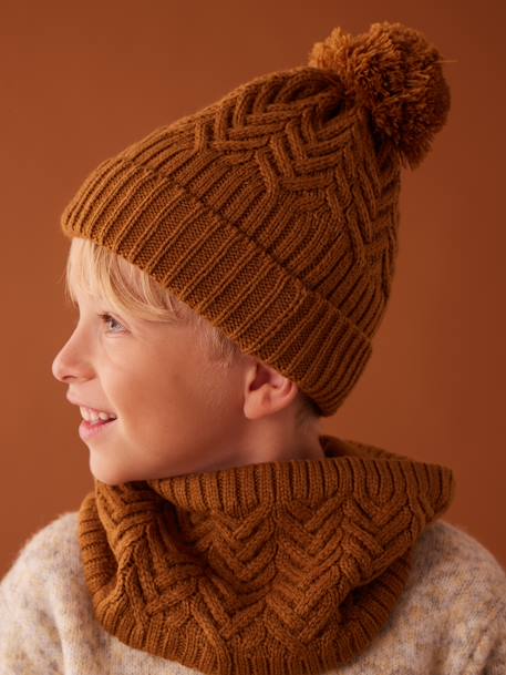 Ensemble bonnet + snood + moufles/mitaines en maille torsadée garçon ocre+vert sapin 