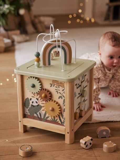 Grand cube d'activités en bois FSC® Beige LOVELY FARM+bleu+rose+rose+vert 