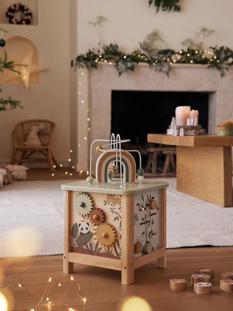 Grand cube d'activités en bois FSC® Beige LOVELY FARM+bleu+rose+rose+vert 