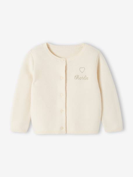 Cardigan broderie dorée coeur bébé ivoire+vert sauge+vieux rose 